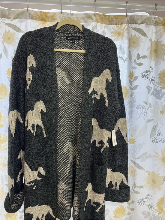 Lucky Brand Sweaters - Lucky Brand Charcoal Gray and Cream Horse Pattern Open Cardigan